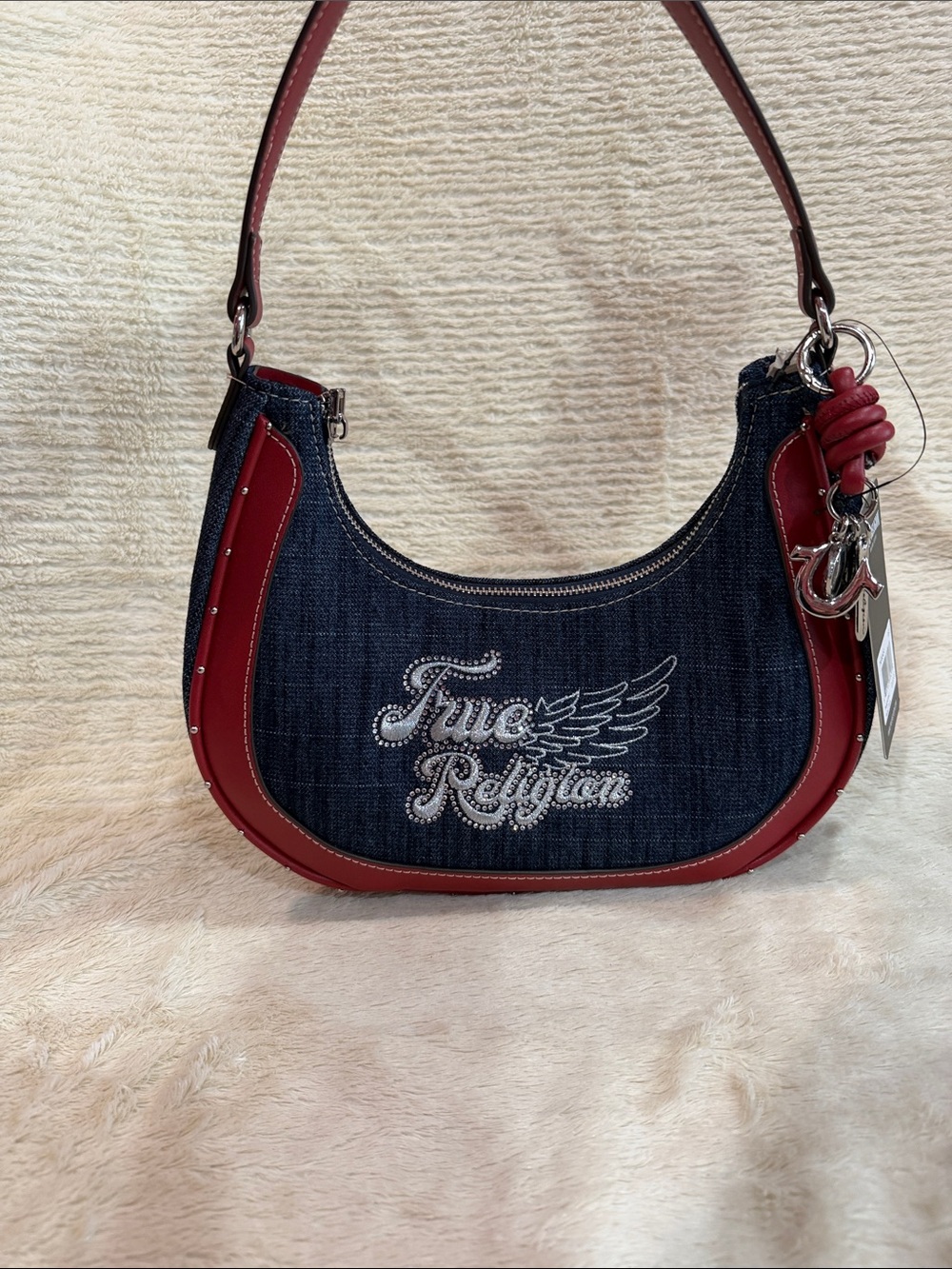 True Religion Dark Denim Shoulder Bag with Red Trim